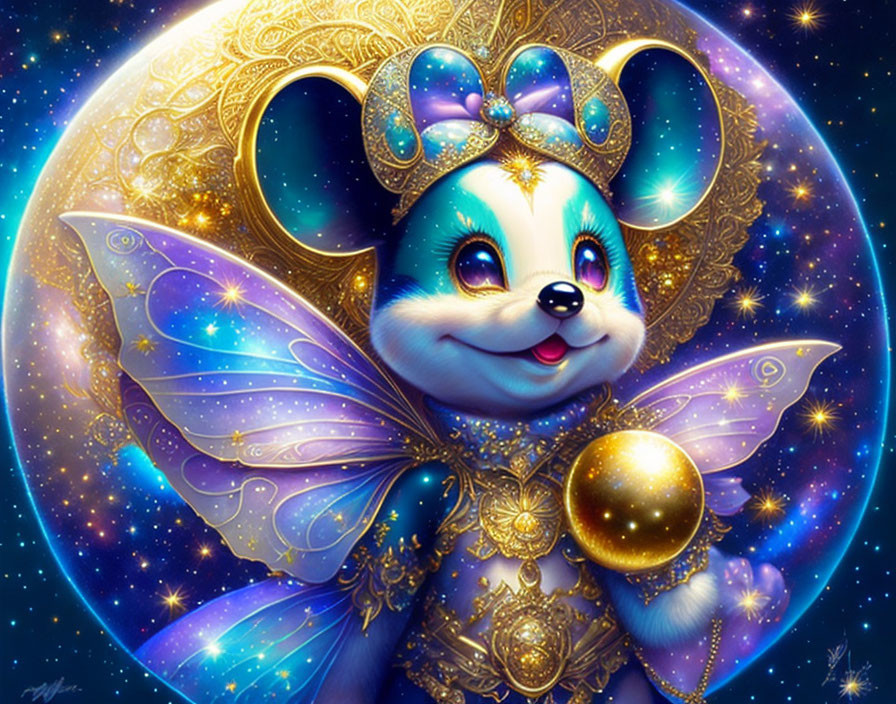 Whimsical fairy mouse with luminous wings and golden orb on ornate starry background