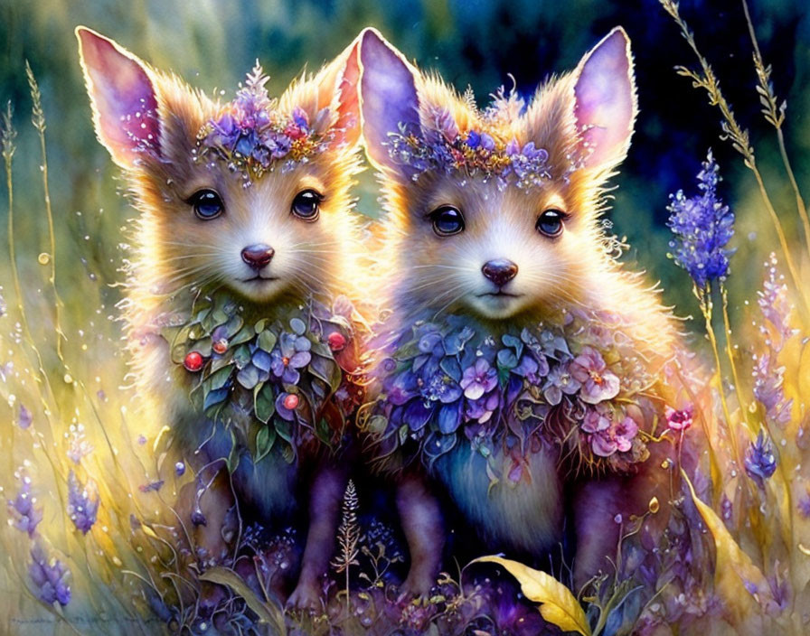 Whimsical fox-like creatures in floral crowns amid lush purple flowers