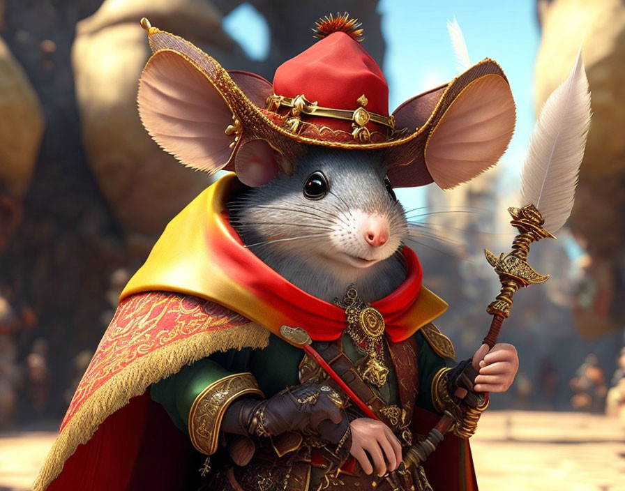 Regal animated mouse in red and gold outfit with scepter