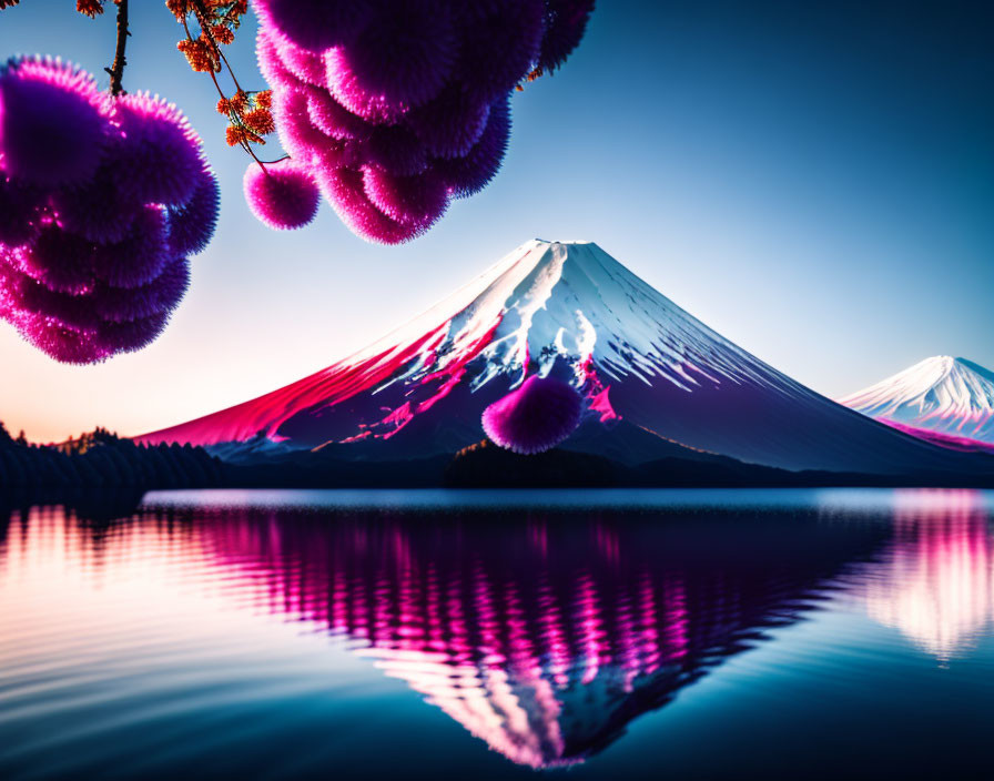 Surreal image: Mount Fuji reflected in lake with pink sky and fantastical purple orbs