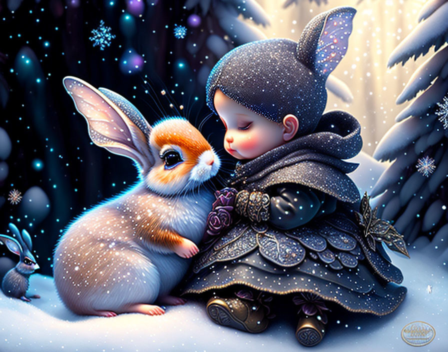 Child in hooded cloak touching noses with rabbit in snowy forest with magical lights.