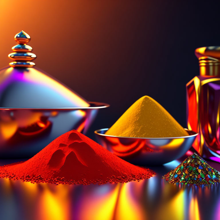 Vibrant powders on metallic scales with glass bottles on dark background