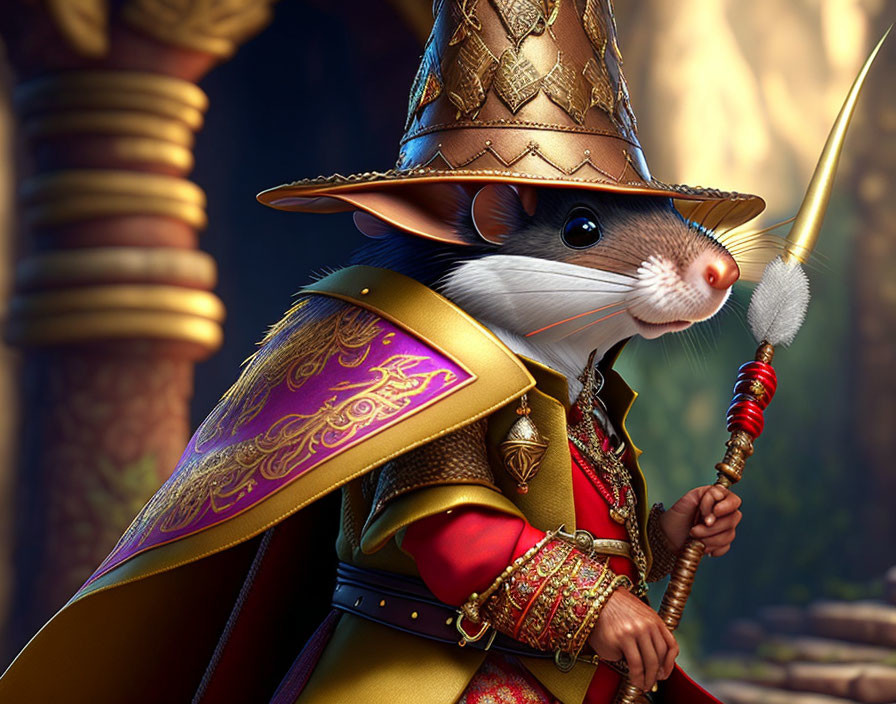 Medieval-themed anthropomorphic mouse in royal attire.