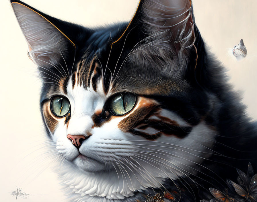 Detailed painting of tabby cat with green eyes and butterfly.