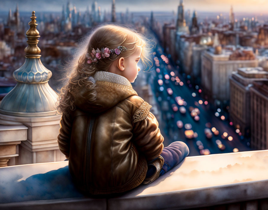 Young girl in brown jacket overlooking cityscape at sunset