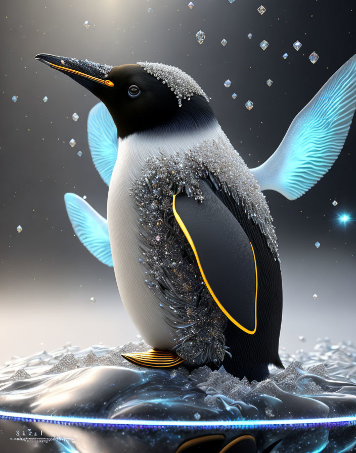 Fantastical penguin with glowing blue wings on reflective water