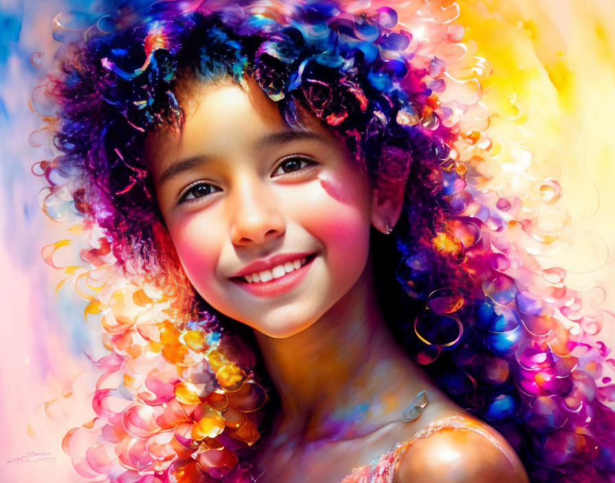 Colorful curly-haired girl with bright smile on vibrant background