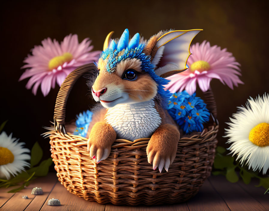 Whimsical creature in wicker basket with colorful flowers