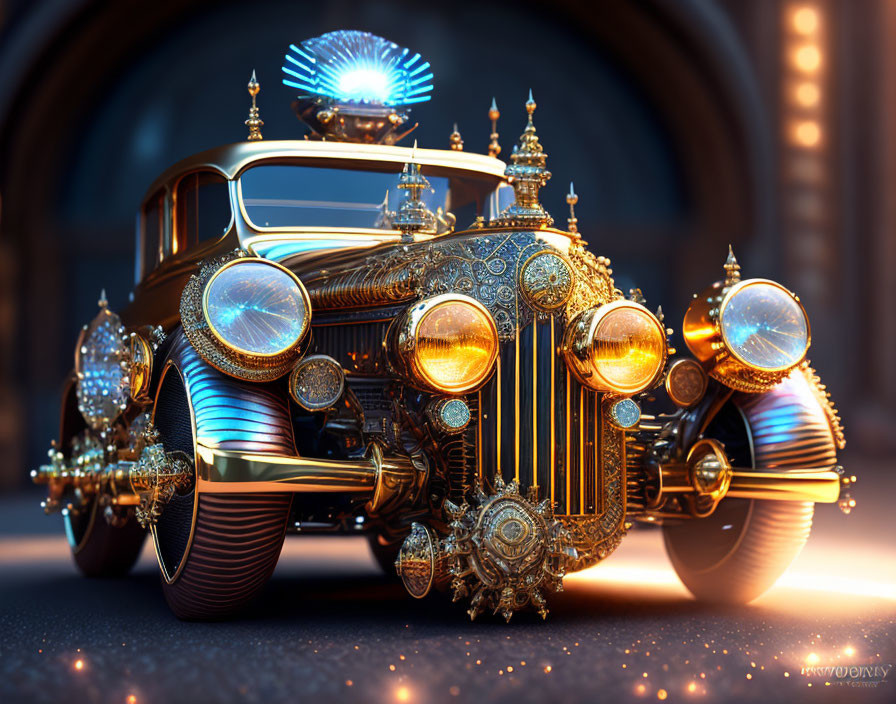 Detailed Steampunk-Style Vehicle with Glowing Blue Lights