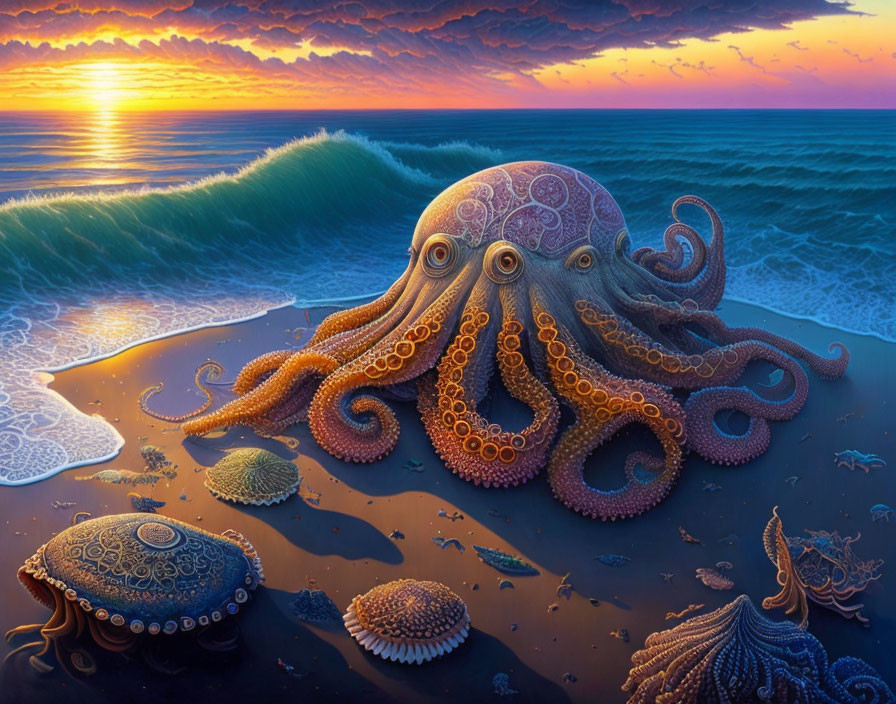 Detailed digital art: Octopus on shore with sunset waves