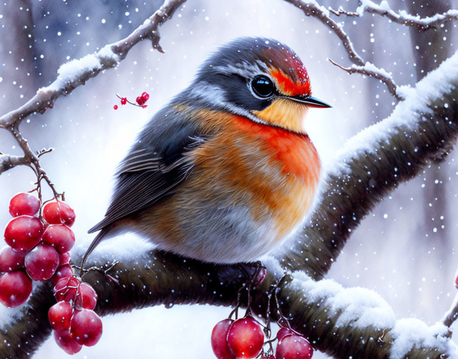 Colorful bird on snowy branch with red berries in falling snowflakes