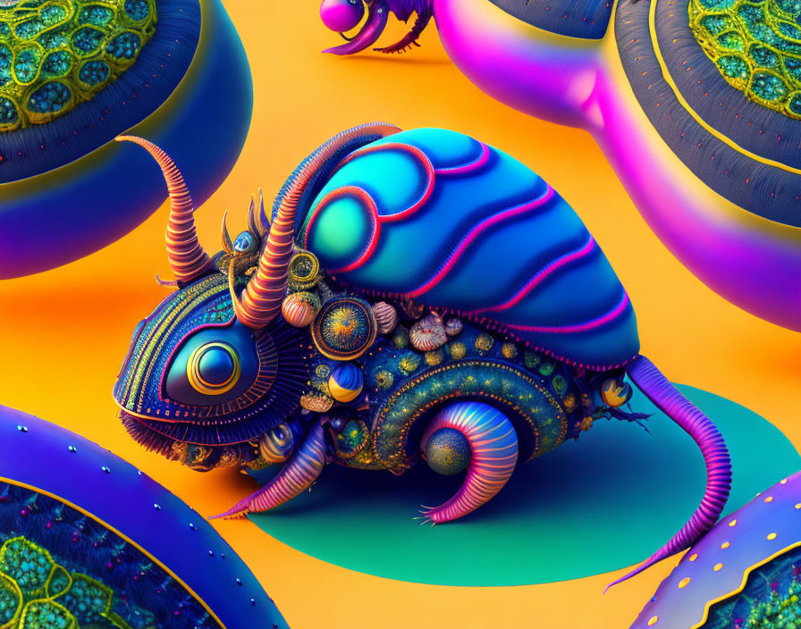 Colorful Beetle-Like Creature in Surreal Artwork with Psychedelic Orbs