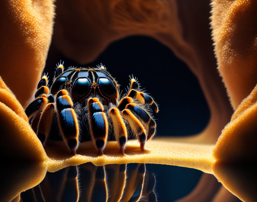 Colorful Jumping Spider with Orange and Blue Markings on Legs Resting on Dark Surface