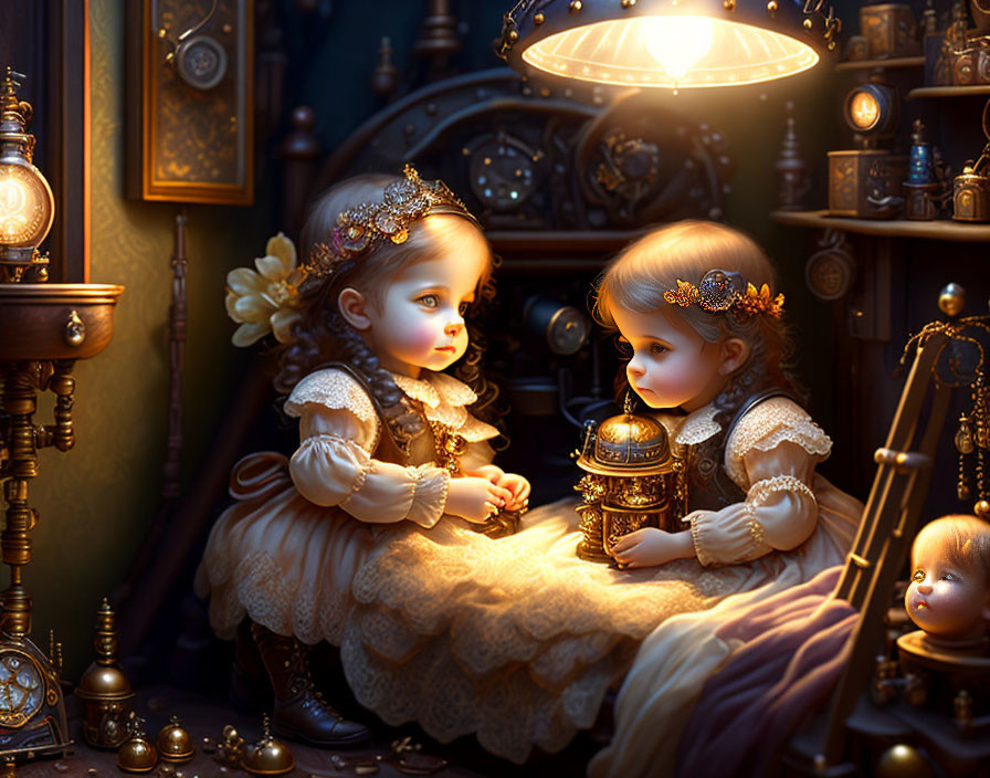 Vintage-clad children with lit lantern among golden antiquities under warm light