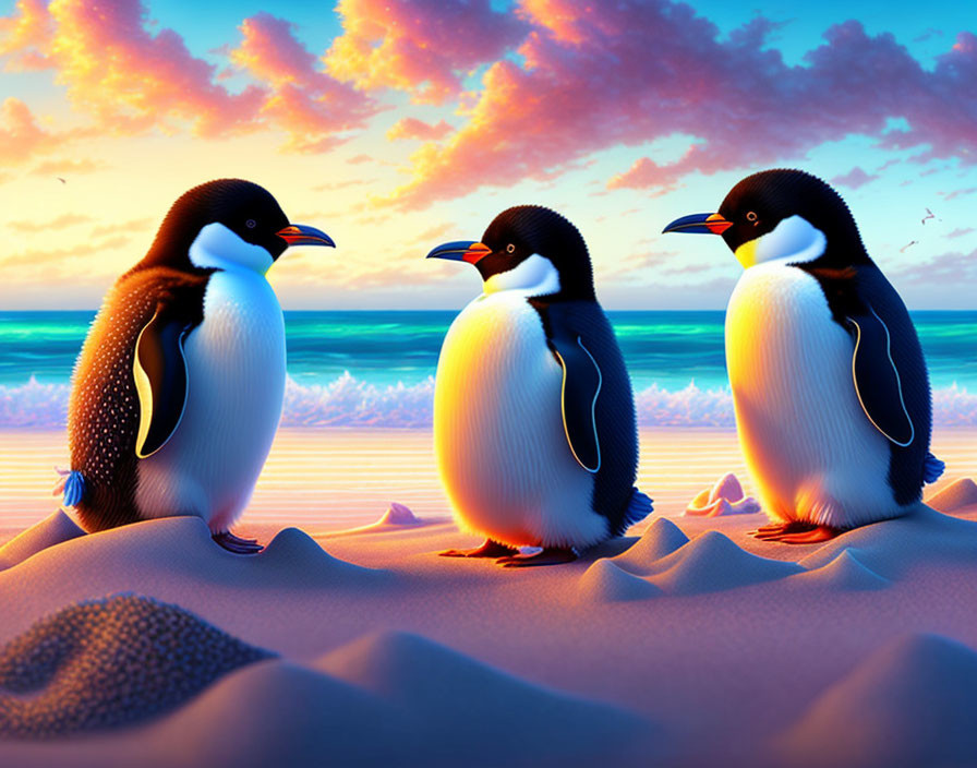 Animated penguins on sandy beach at sunrise with ocean and sky gradients