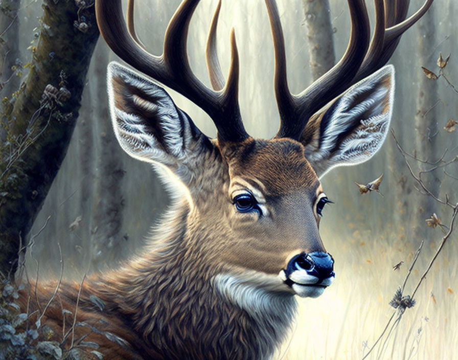 Majestic deer with large antlers in misty forest