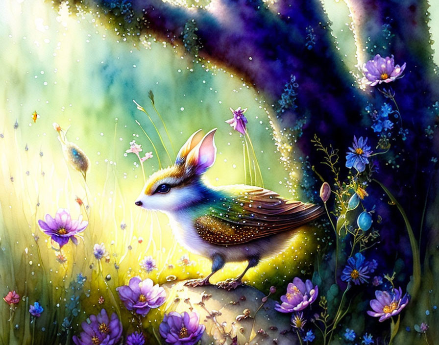 Glowing mythical rabbit creature in vibrant floral setting