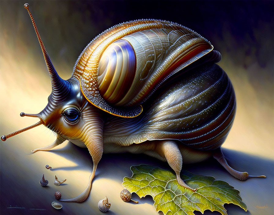 Detailed Hyper-Realistic Illustration of Large Snail on Leaf