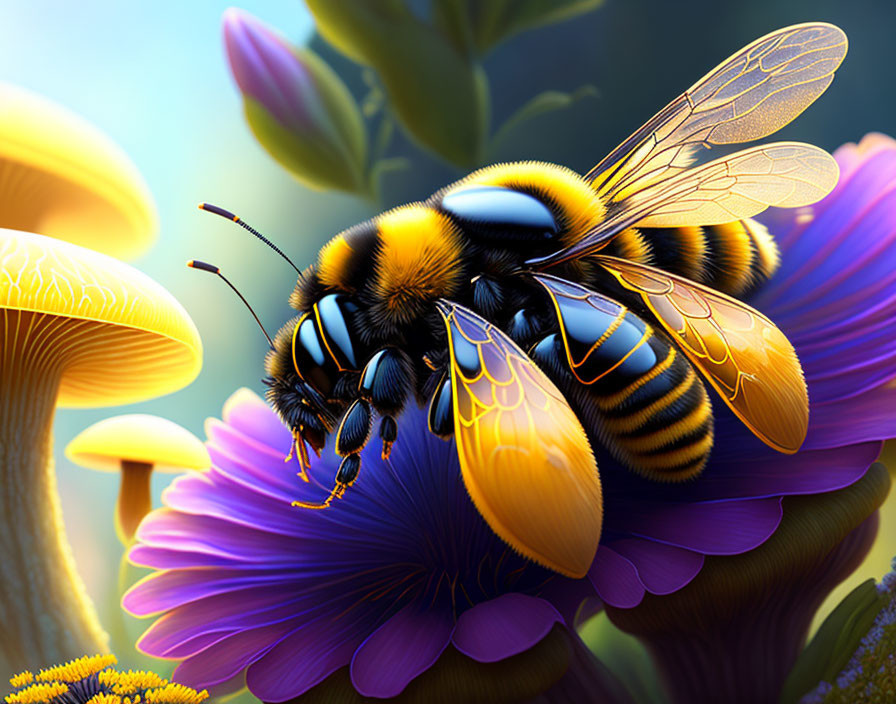 Detailed Illustration: Bee on Vibrant Purple Flowers with Soft-Focused Yellow Background