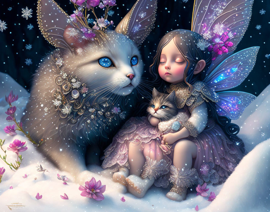 Fairy with delicate wings cuddles small cat in snowy landscape