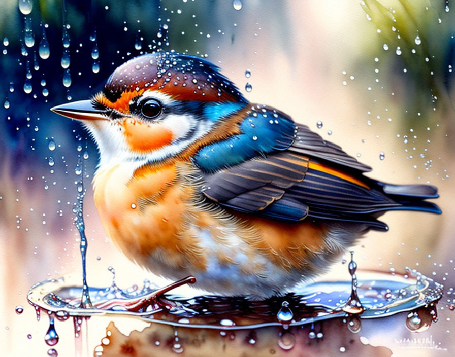 Colorful bird bathing in shallow dish with water droplets splashing