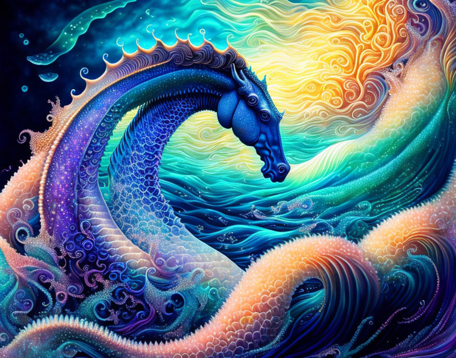 Colorful Mythical Seahorse Artwork with Ornate Patterns on Starry Background