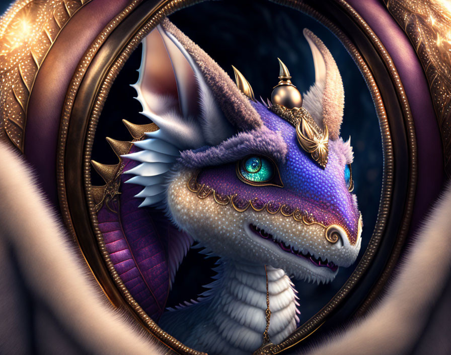 Fantastical purple and white dragon with golden head adornments in oval mirror