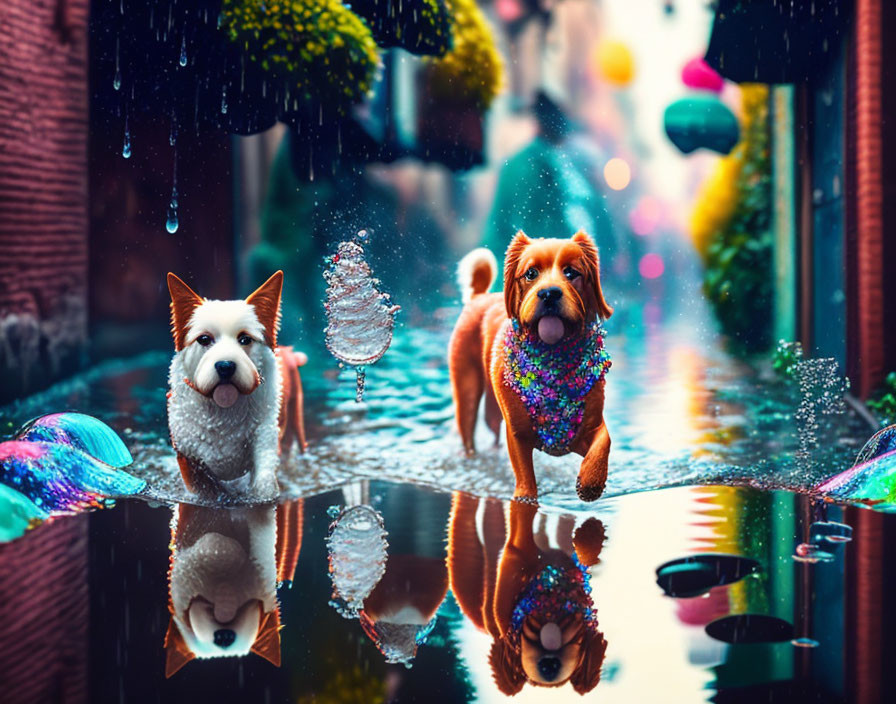 Colorful Rainy Street: Fluffy Dogs Walking Through Puddle