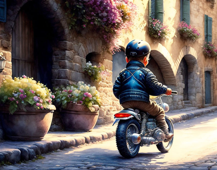 Child in helmet and leather jacket rides toy motorcycle in quaint street scene