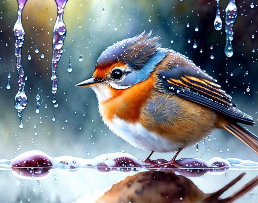 Colorful Bird Illustration Perched on Branch with Falling Water Droplets