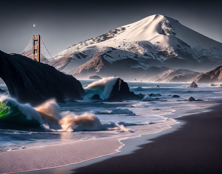 Snow-capped mountain and suspension bridge in coastal scene