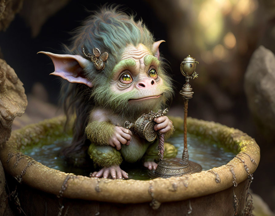 Green-furred creature with large ears holding a goblet in forest setting