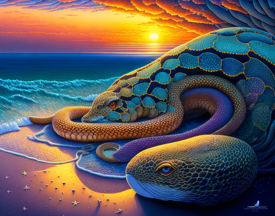 Colorful sunset beach scene with intricately patterned snakes