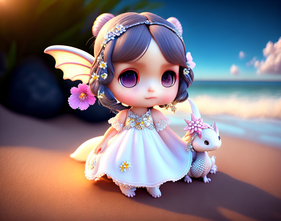 Whimsical digital art of fairy and dragon on serene beach