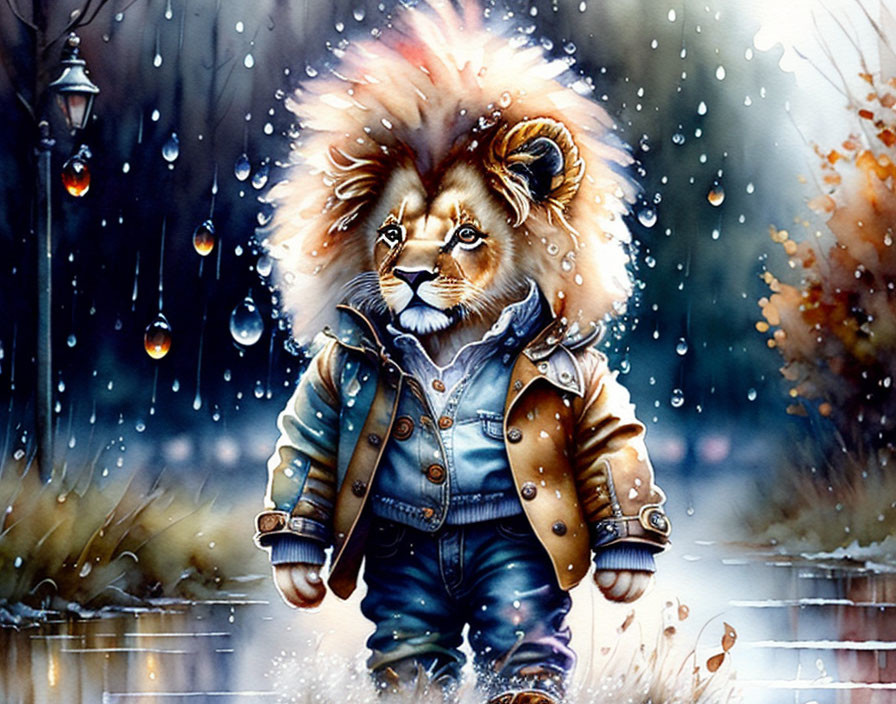 Anthropomorphic lion cub in denim outfit strolling on rainy cobblestone street