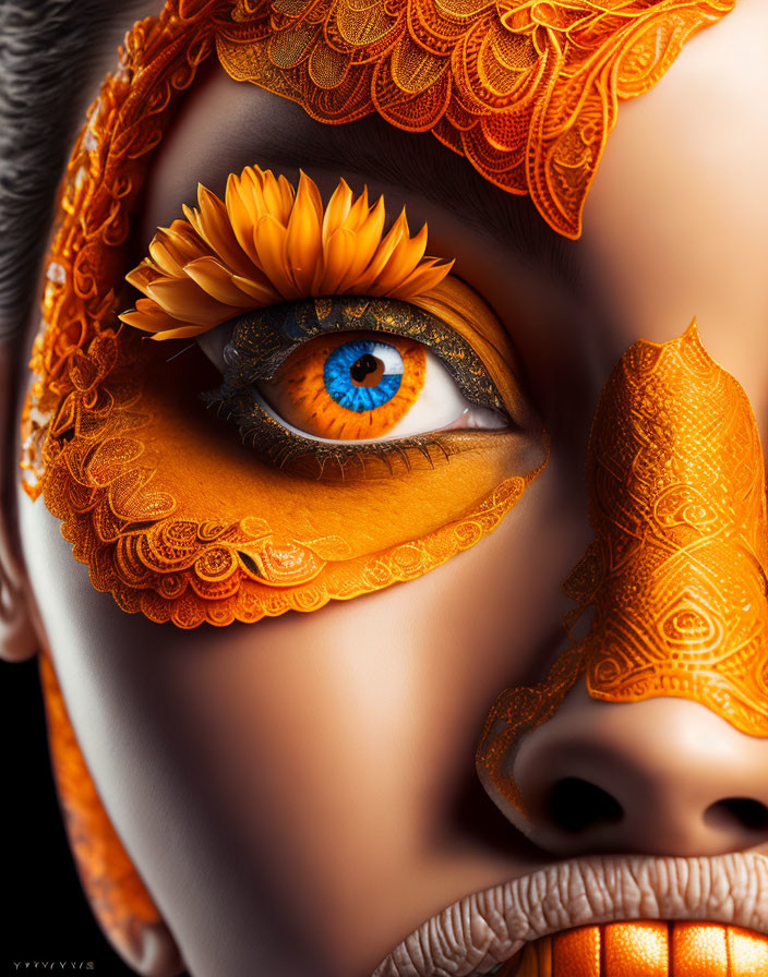 Detailed Close-Up of Eye with Orange Makeup, Flower, and Lace Patterns