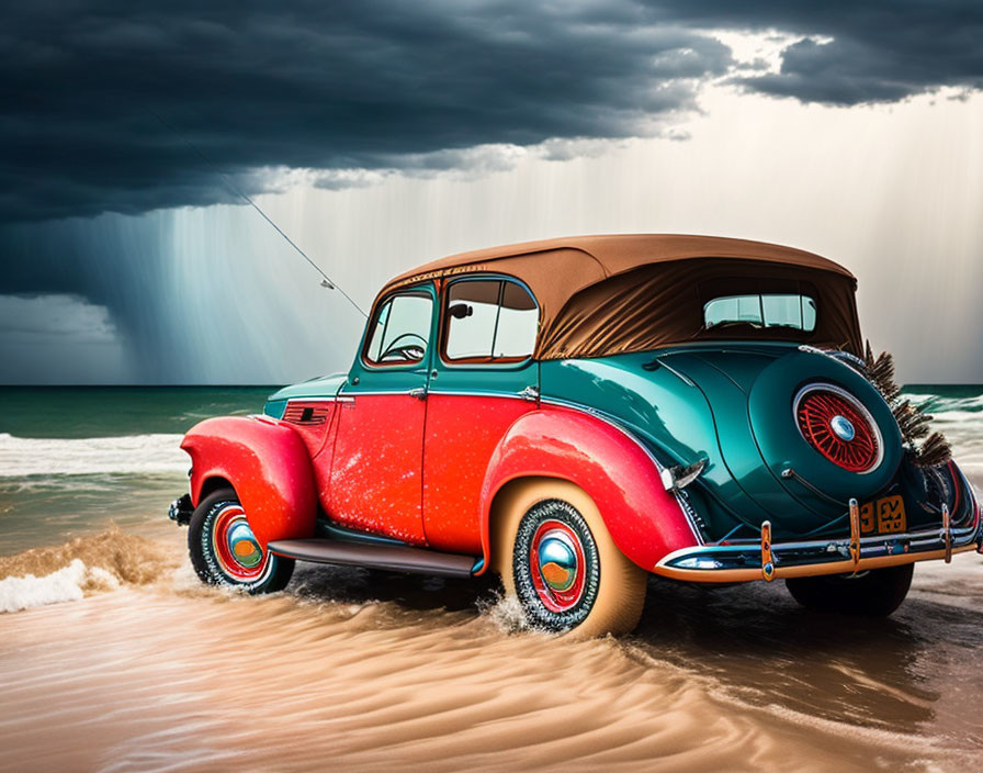 Classic Red Car with White Wall Tires on Beach Under Stormy Sky