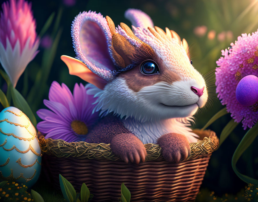 Whimsical creature with rabbit-like ears in basket with flowers and eggs