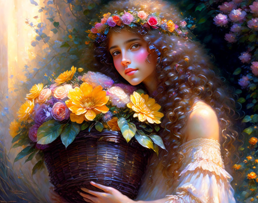 Young woman with floral crown and basket in soft-focus floral setting