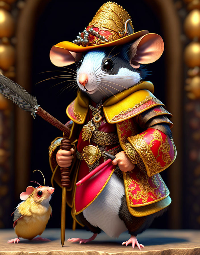 Regal anthropomorphic mouse with scepter beside smaller mouse in royal attire.