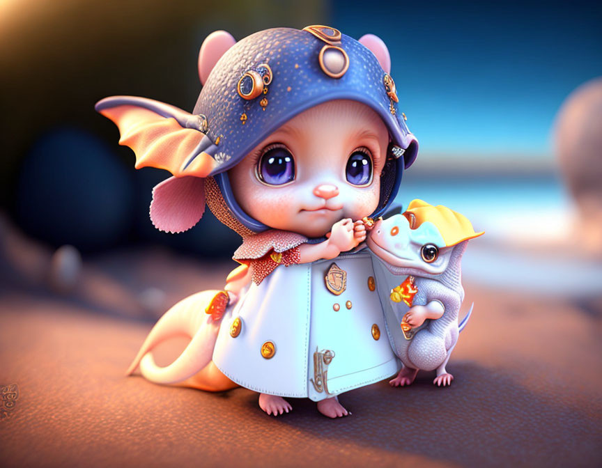 Whimsical anthropomorphic mouse in pilot outfit with smaller mouse