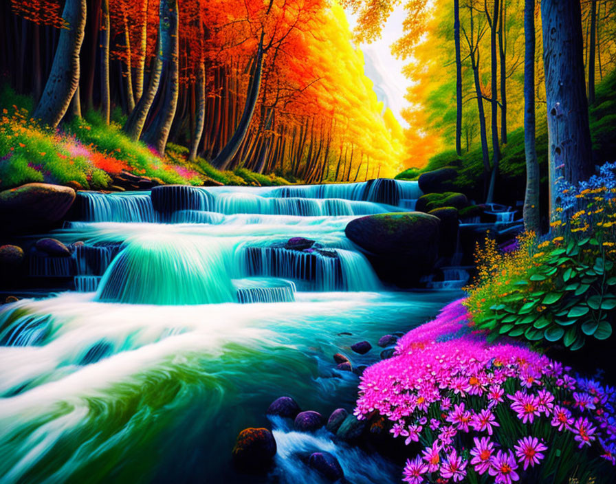 Autumn forest waterfall with turquoise water and pink flowers