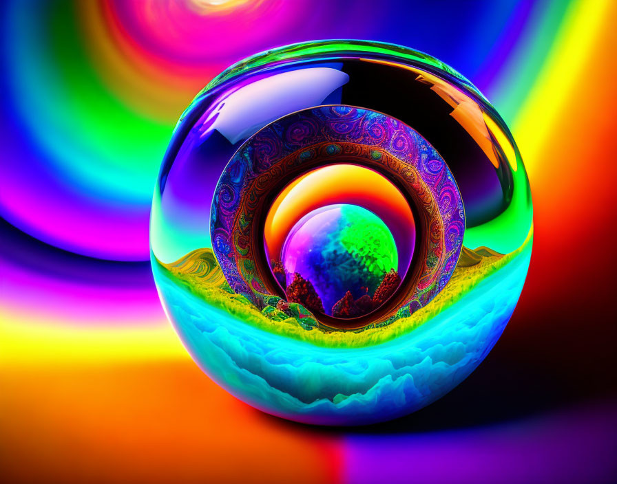 Colorful Digital Artwork: Glossy Spheres & Patterns on Swirling Background