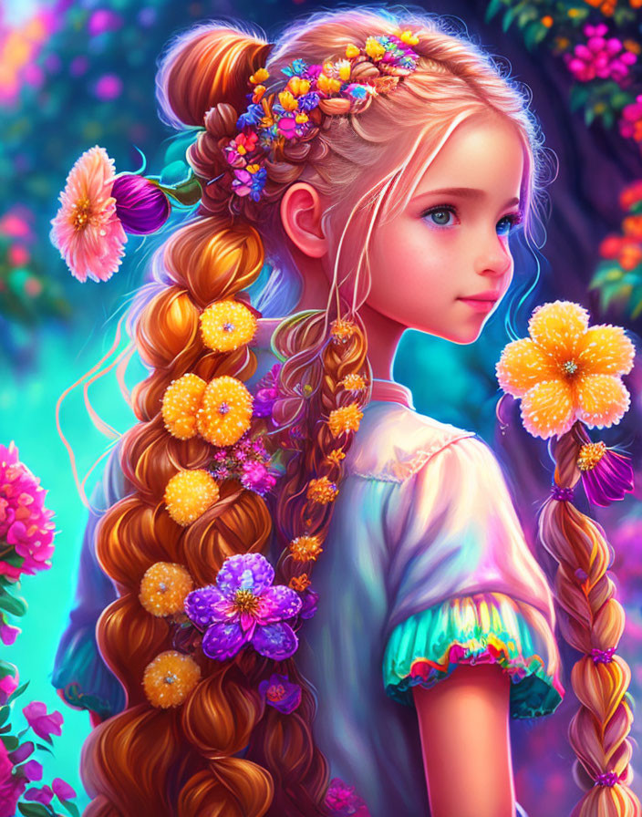 Colorful illustration: Young girl with braided hair and flowers in lush pink and purple backdrop