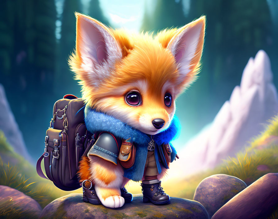 Animated fox with big eyes, backpack, scarf, and boots in enchanted forest.