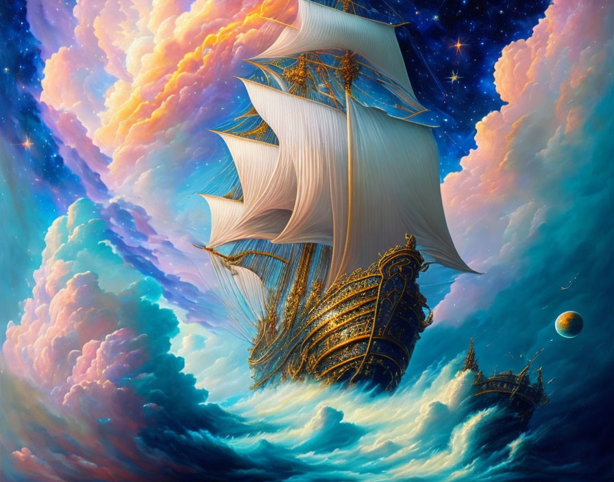 Majestic golden ship with white sails in vibrant sky