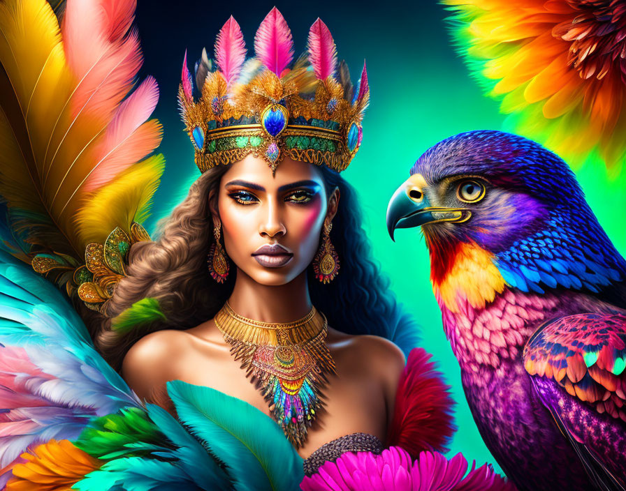 Colorful woman with feather headdress and eagle against vibrant feather backdrop