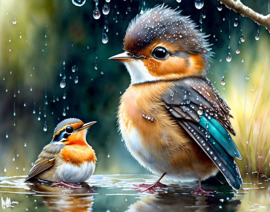 Detailed Illustration of Two Birds in Rain