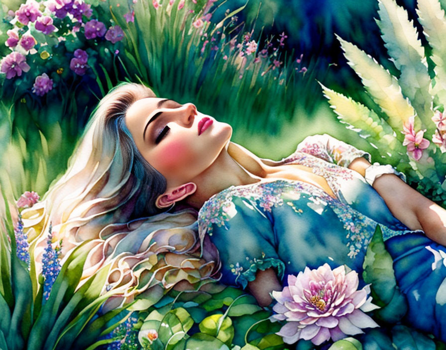 Tranquil illustration of woman in nature with flowing hair