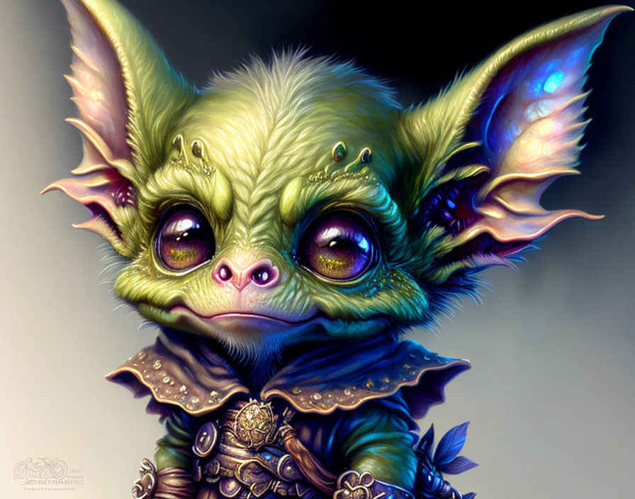 Green creature with large eyes, pointed ears, and textured collar